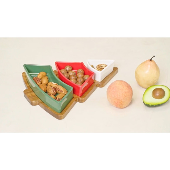 Acacia Wood 4 Pieces Christmas Tree Shaped Charcuterie Tray with Ceramic Bowls - Picture 12 of 13